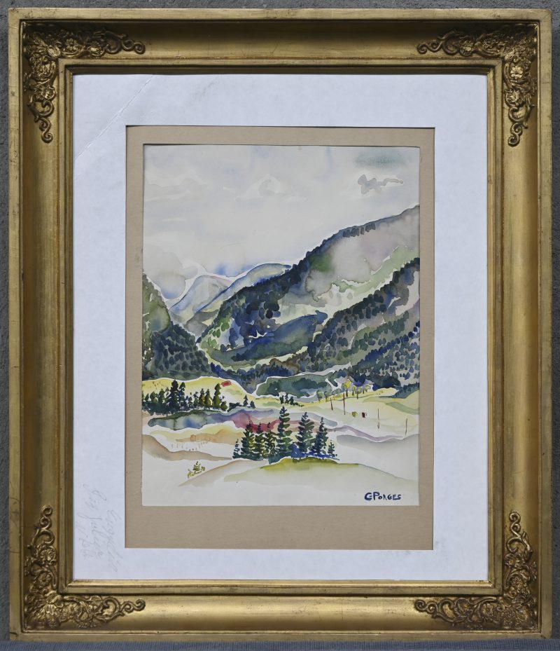 “Berglandschap”. Een schilderij, aquarel op papier. Gesigneerd, vermoedelijk Clara Porges.