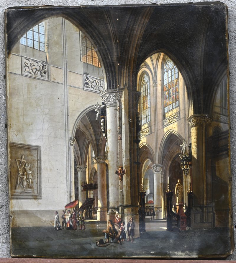 “Kerkinterieur”. Olieverf op doek. Vlaamse School, XIXde eeuw.