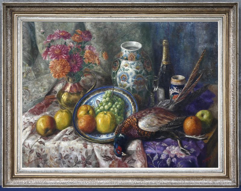‘Stilleven met fazant aan feesttafel’, olieverf op doek, gesigneerd Hubertus en gedateerd 1-11-58.