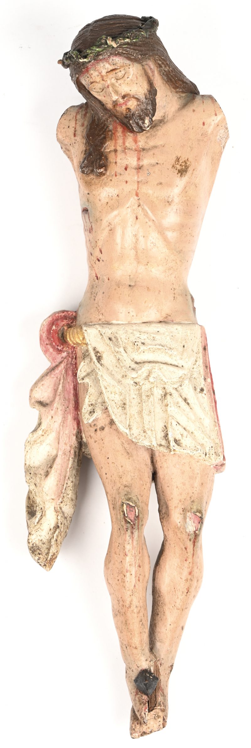 Een houten geploychromeerd corpus Christi beeld. Armen manco. Eind 17e eeuws.