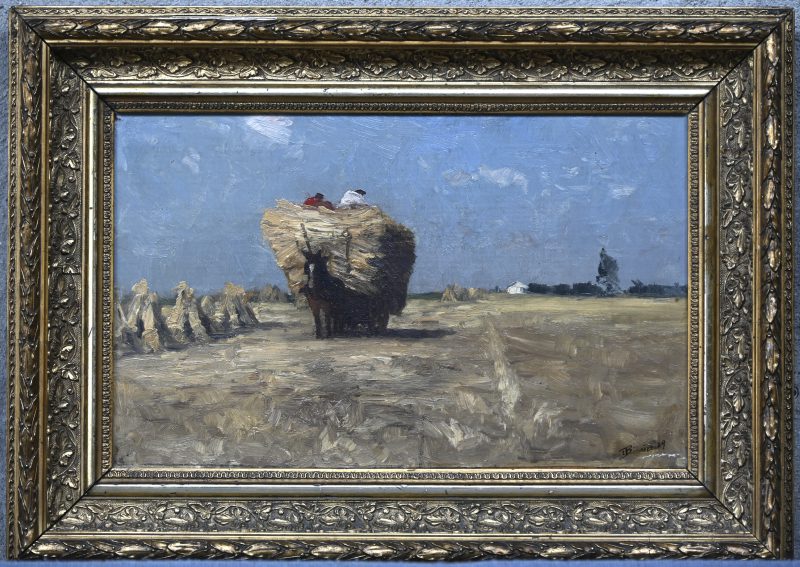 ‘Hooiwagen op het veld’, olieverf op paneel, draagt handtekening en gedateerd 1889.