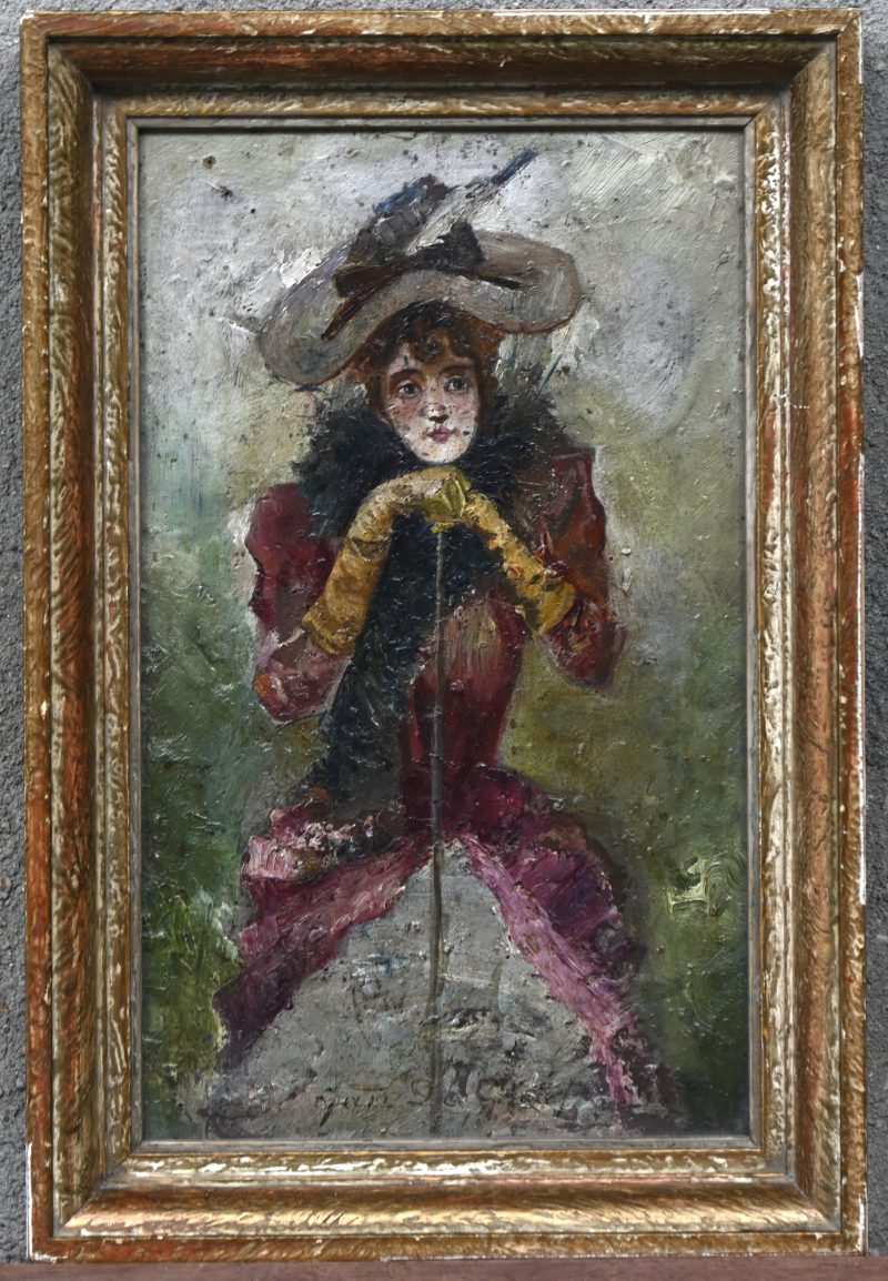 “Dame met hoed”. Een schilderij, olieverf op board. Onderaan en verso gesigneerd, gedateerd 1908.