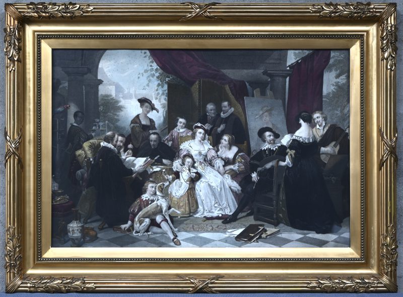 "Rubens Peignant la Femme dite au chapeau de Paille". Een grote ingekleurde gravure op papier, naar het werk van Nicaise De Keyser . Door Jean Baptist & Alfred Cornilliet.