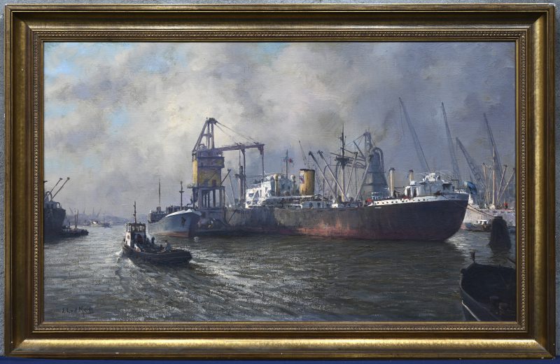 “Le port d’Anvers”. Een schilderij, olieverf op doek, onderaan gesigneerd.