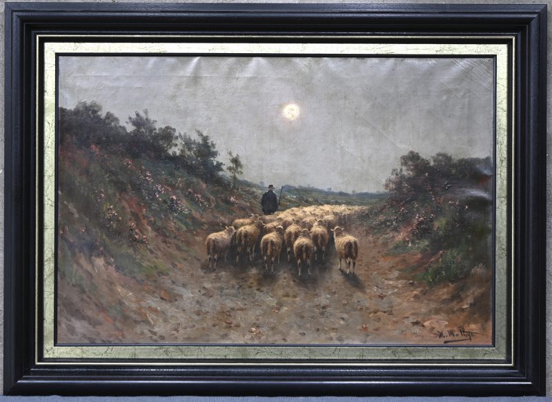 ‘Schaapskudde met herder’, olieverf op doek, draagt handtekening rechts onder.