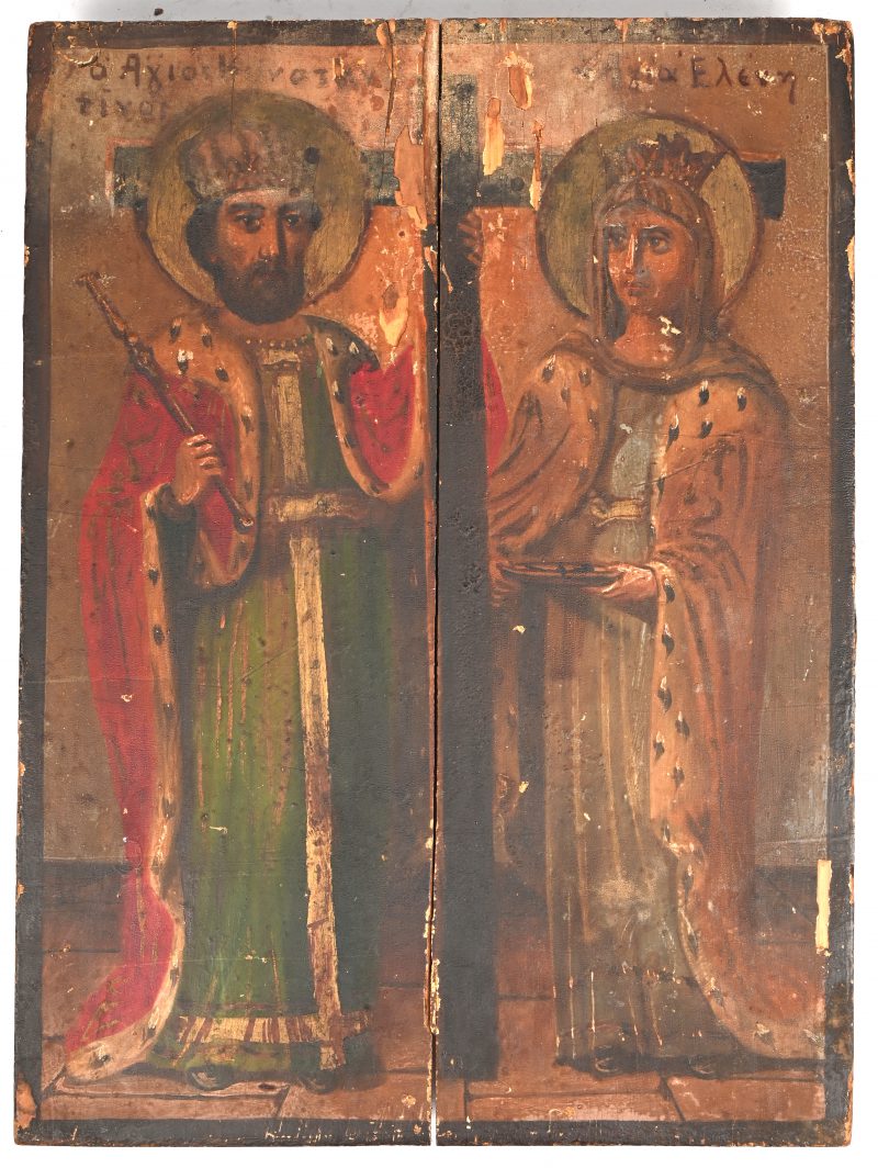 Een Griekse icoon, bestaande uit twee panelen met een mannelijke en een vrouwelijke heilige. XIXde eeuw.