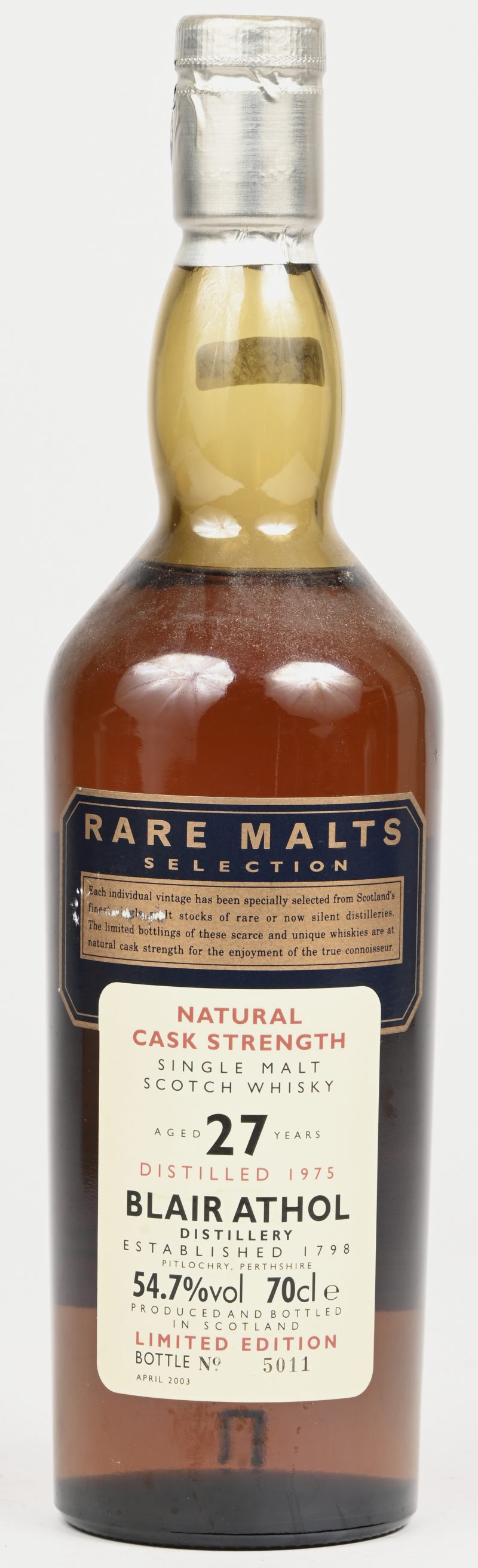 - Blair Athol Natural Cask Strength, aged 27 years Limited Edition. Bottled 2003