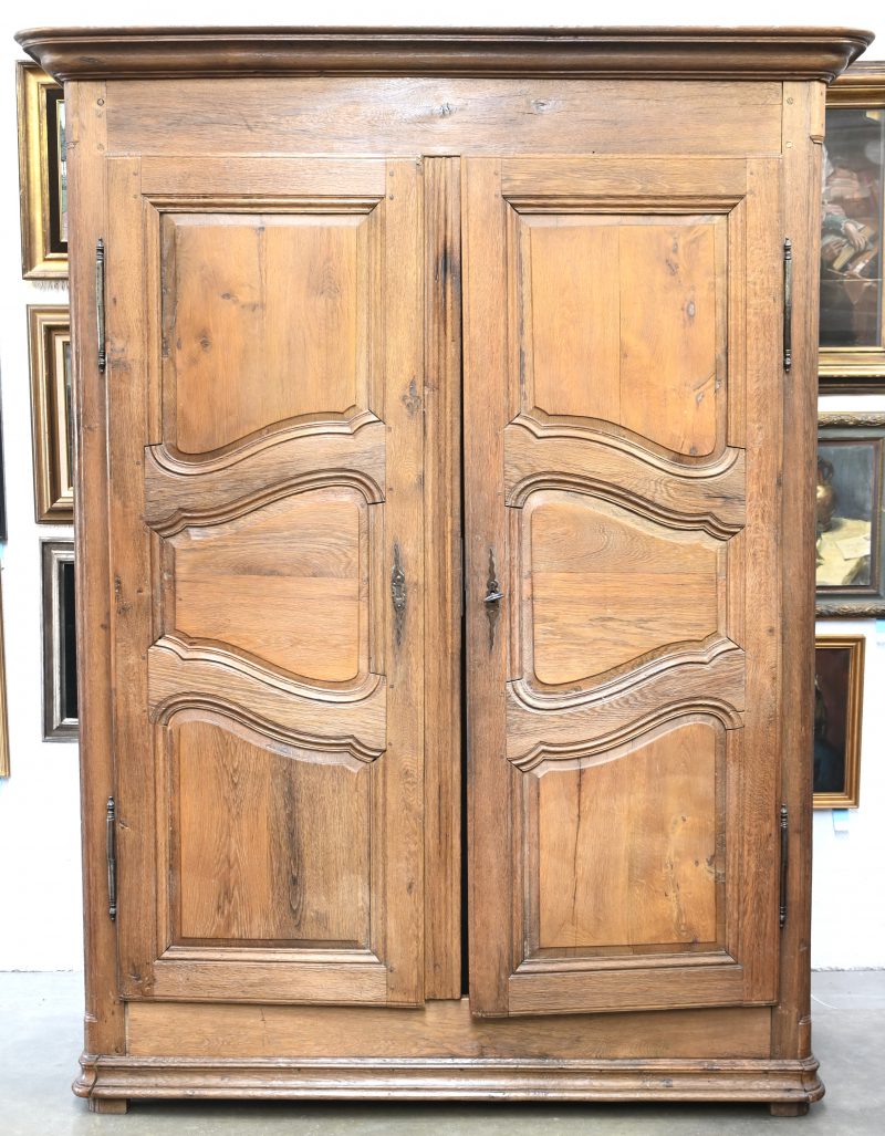 Een grote eikenhouten kleerkast, 2 deurs met gesculpteerde panelen, 2 laden binnenin. 19e eeuws.