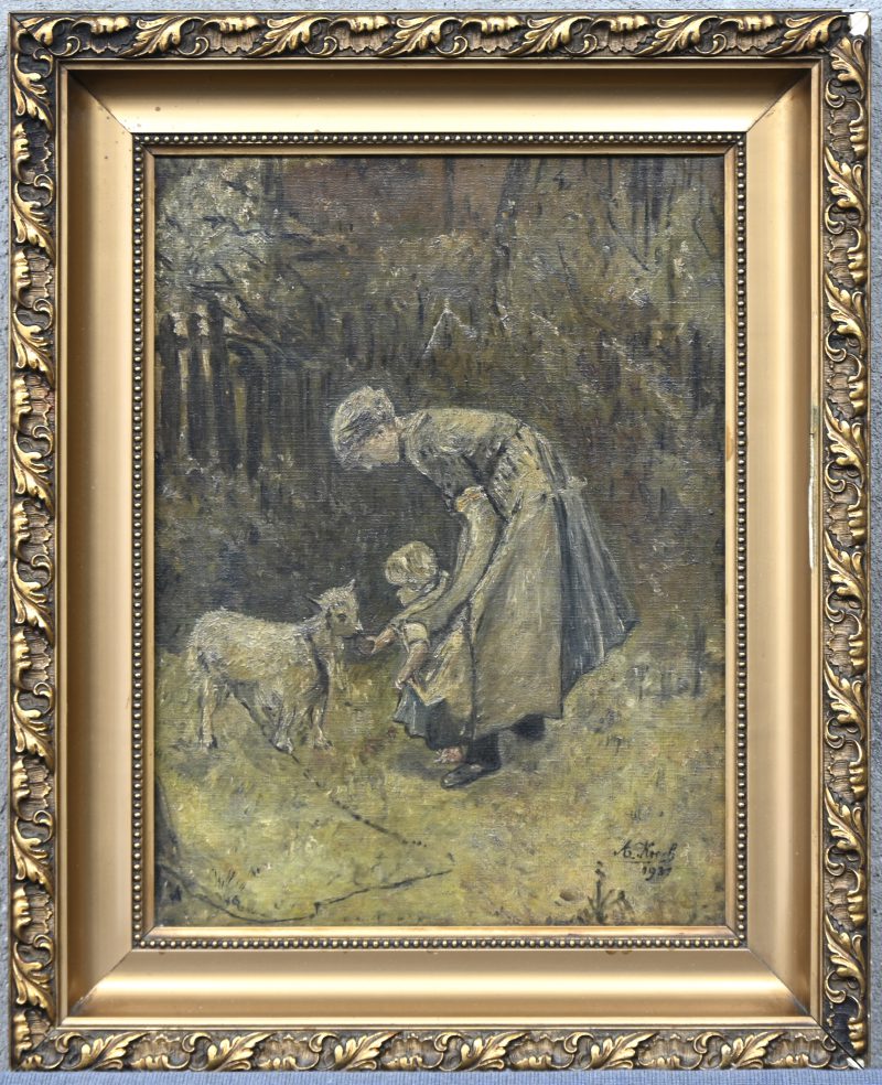 “Het voederen van de geit”. Een schilderij, olieverf op doek, onderaan gesigneerd en gedateerd 1931. Met sporen van restauratie.
