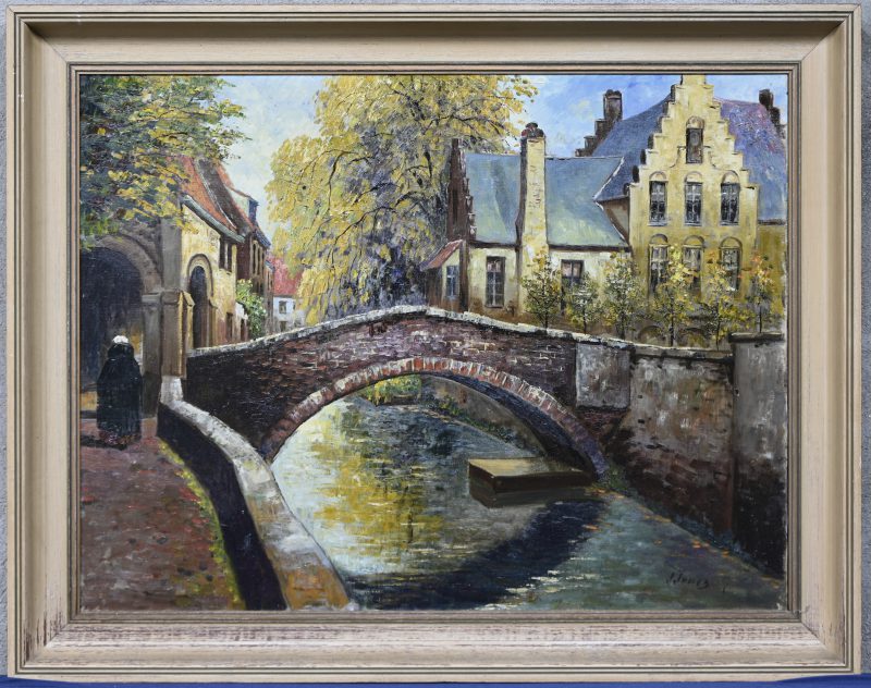 “Bruggetje”. Een schilderij, olieverf op doek. Onderaan gesigneerd.