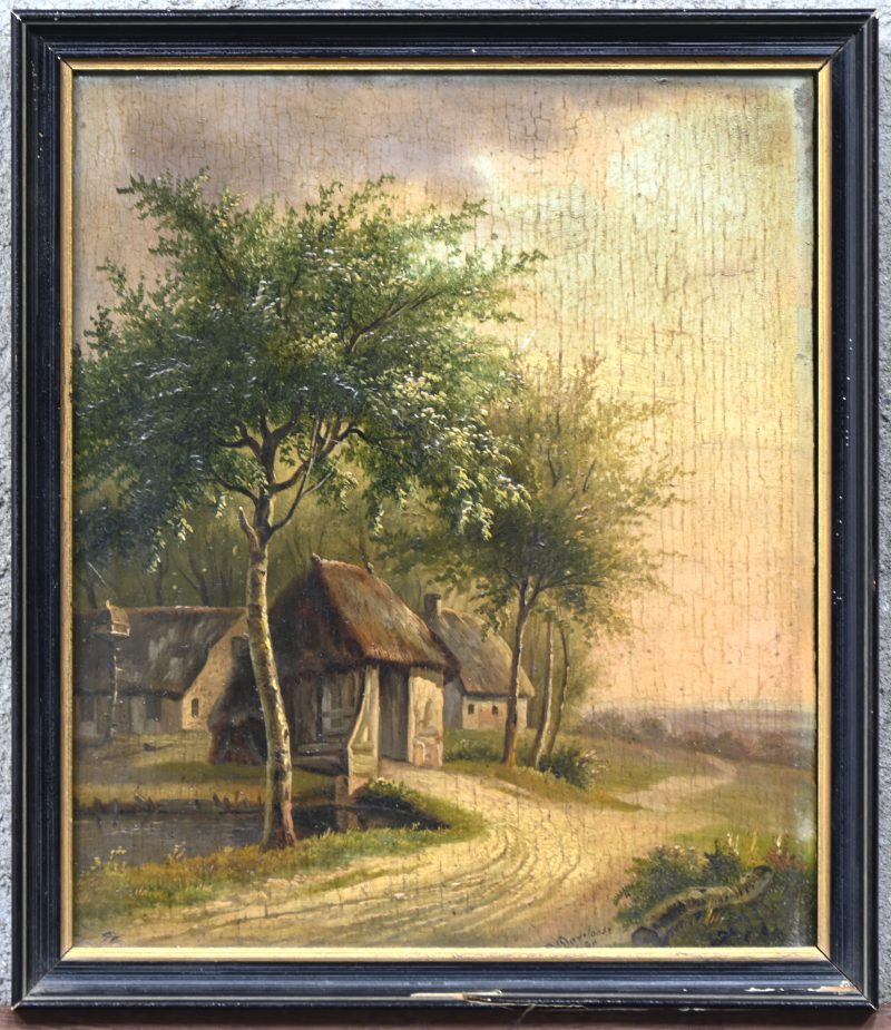 “Landschap met hoeve”. Een schilderij, olieverf op paneel. Onderaan gesigneerd. Verso gelabeled, gedateerd 1840.