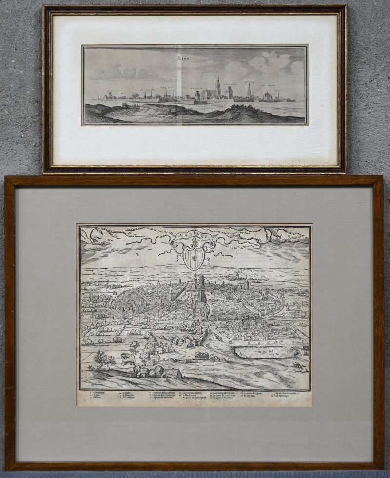 Een lot van 2 oude gravures met stadszichten, Malines en Lier.