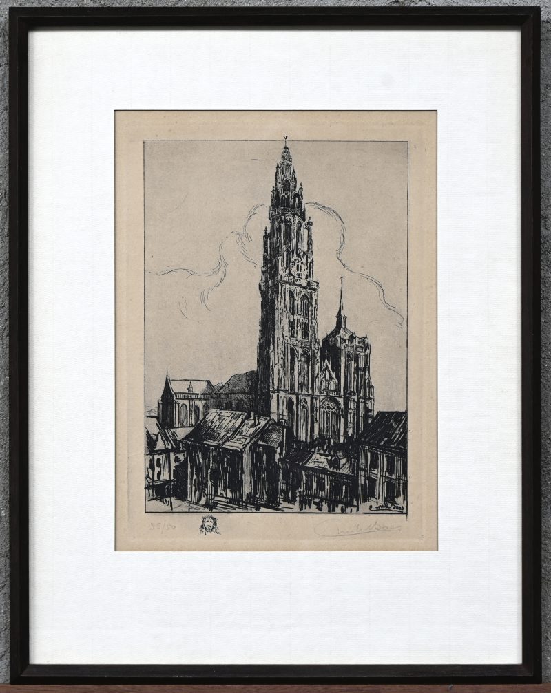 “Kathedraal van Antwerpen.” Gravure, genummerd 35/50, en gesigneerd buiten de plaat.