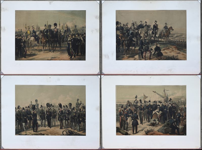 “Armee Belge”. Een lot van 4 kleurgravures op papier, door H. Hendrickx naar Simoneau.