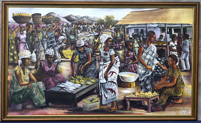 “Een Afrikaanse markt”. Olieverf op doek. Gesigneerd.
