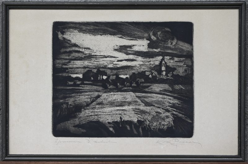 ‘Dorpszicht met donkere wolken’, een gravure buiten de plaat getekend Karel de Posson.