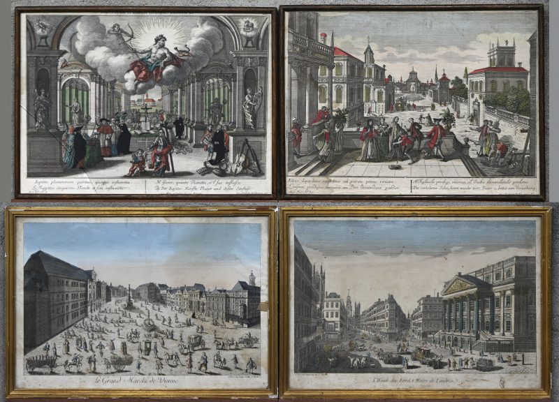 lot bestaande uit 4 ingekleurde gravures, ingekaderd, 18e eeuws, diverse stad en plattelands taferelen. Eén glas van de kader gebroken.