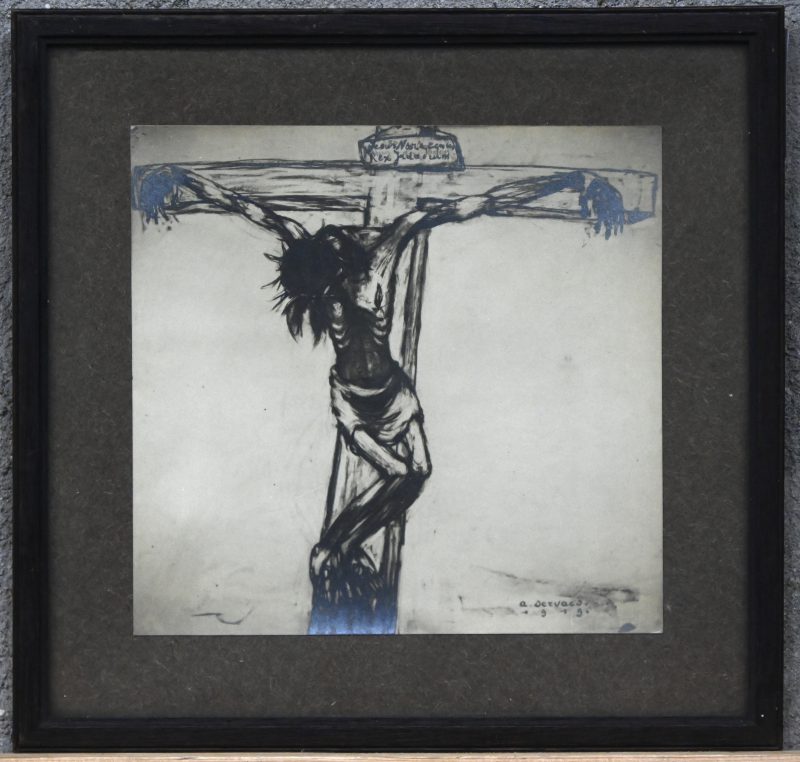 “Jezus aan het Kruis”. Een zilverprint op papier, gesigneerd in de plaat.