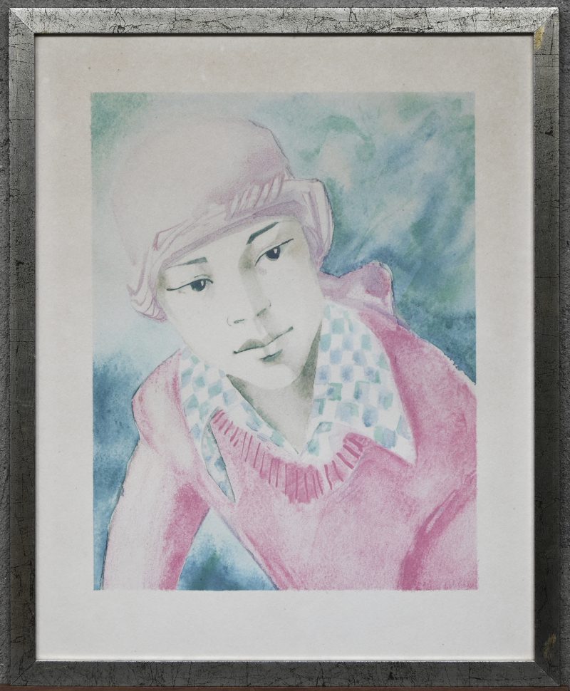‘Dame in het roze’, een werk van Serge Creuz, niet gesigneerd.