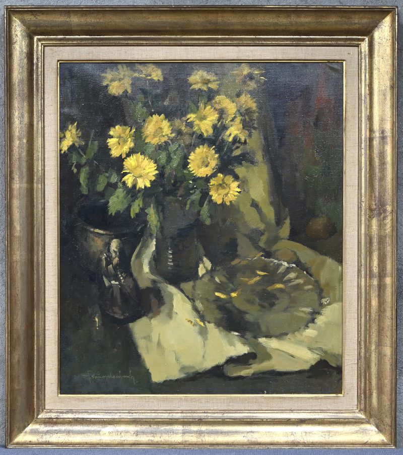 ‘Stilleven met bloemen’, een schilderij, olieverf op doek, gesigneerd F. Van Op Den Bosch.