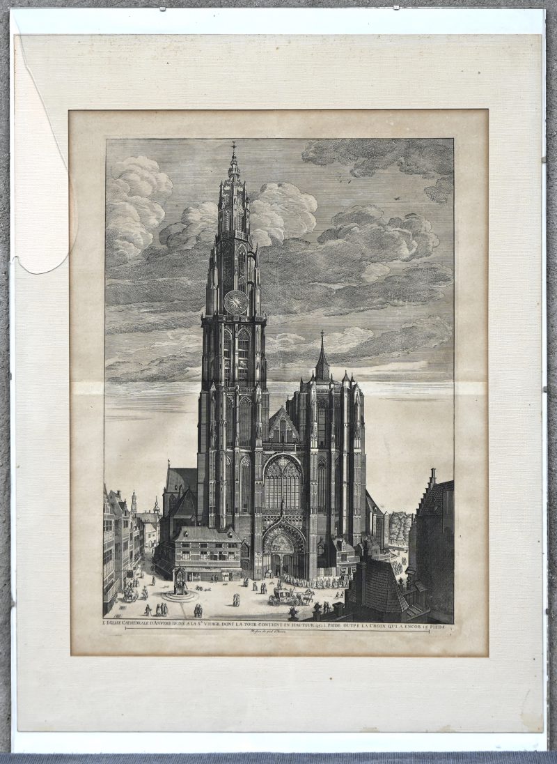“L’eglise Cathedrale d’Anvers”. Een ets op papier, opschrift onderaan.