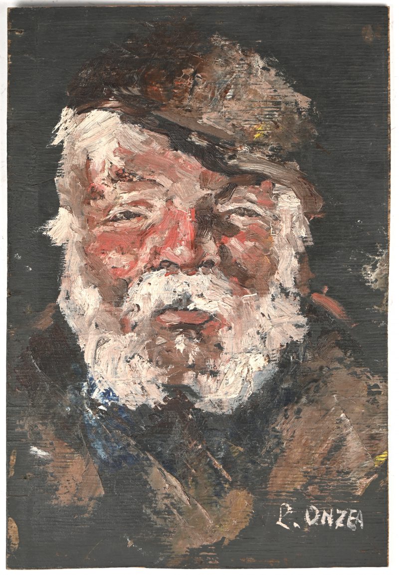 Een klein schilderijtje, olie op paneel, van een oude man met grijze baard. gGetekend L. Onzea.