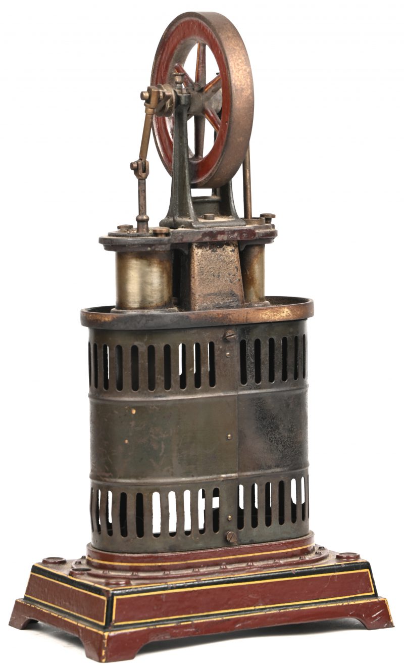“Hot air Stirling Engine”, door Georges Carette. Een Engels tinnen stoomapparaat op ethanol. Medio 1900.