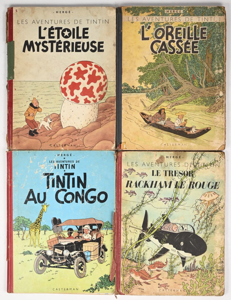 Een lot van 4 oude Kuifje’s, L’Oreille Cassée, L’Etoile Mystérieuse, Le Tresor Rackham Le Rouge en Tintin Au Congo waarvan de laatste een recentere uitgave.