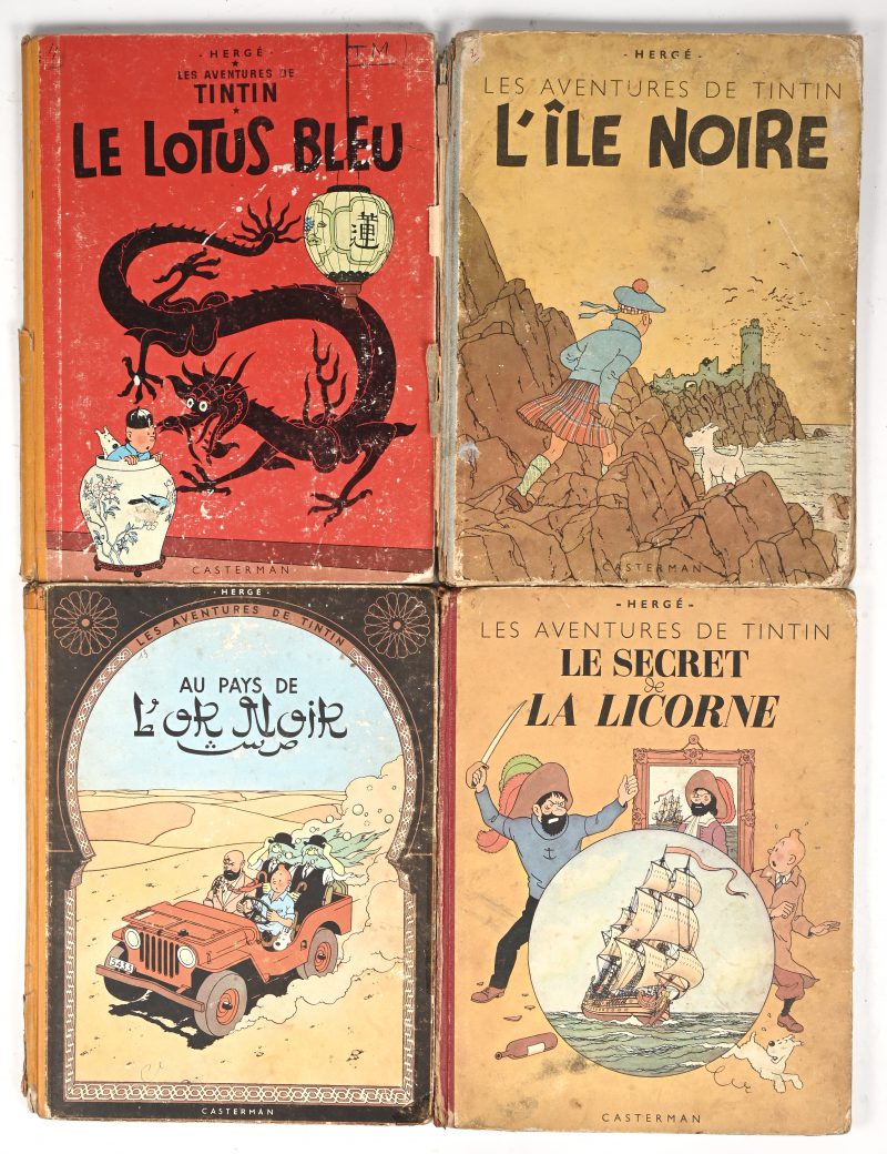 Een lot van 4 oude Kuifje’s, L’ile noir, Le lotus bleu, Le secret de la unicorne en Au pays de l’or noir.