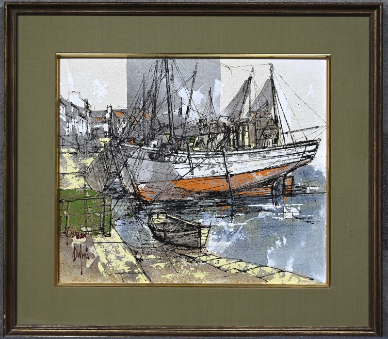 ‘Harbour scene’, olieverf en inkt op schilderspaneel, gesigneerd Bernard Dufour.