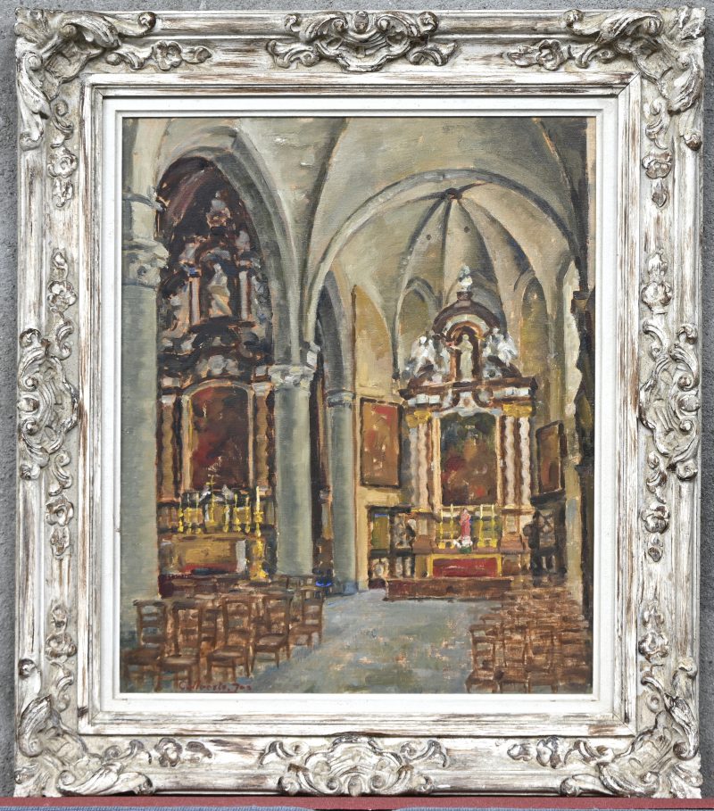 “Interieur van Sint-Gummaruskerk te Lier”. Olieverf op doek. Gesigneerd.