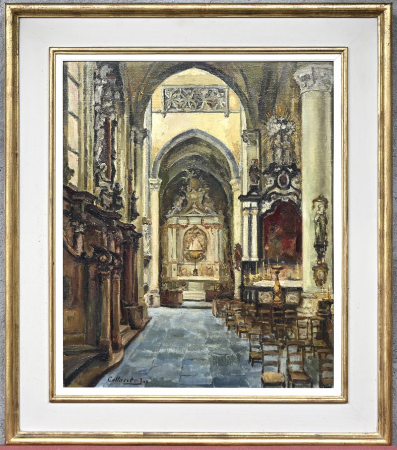 “Interieur van Sint-Gummaruskerk te Lier”. Olieverf op doek. Gesigneerd.