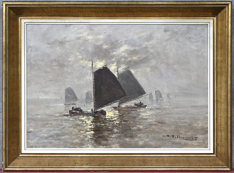 ‘Zeilboten op een kabbelende zee’, olieverf op schilderspaneel, gesigneerd H.J. Pauwels.