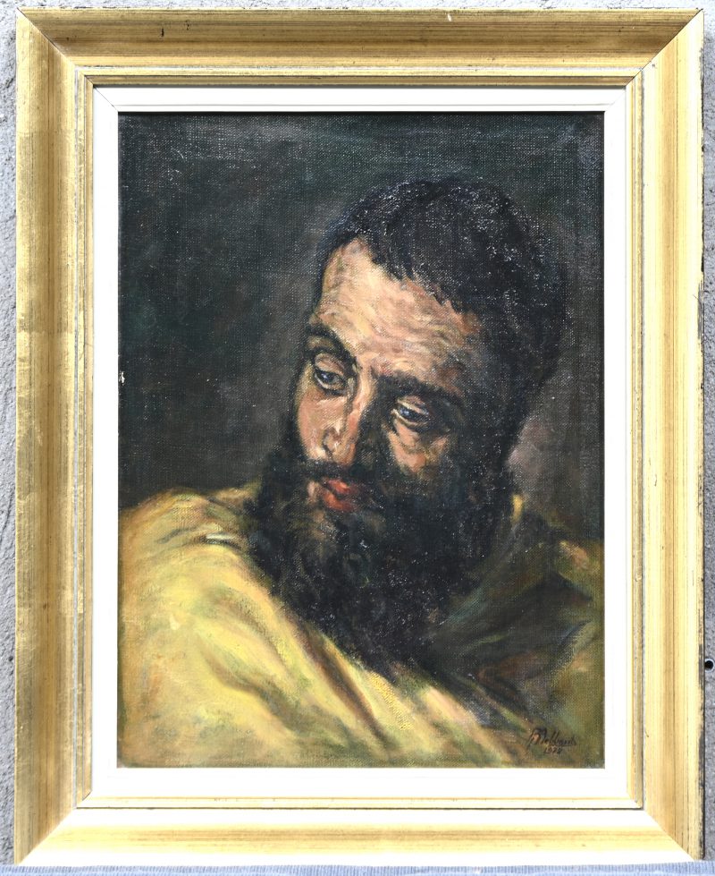 “Portret man met baard”. Een schilderij, olieverf op doek. Onderaan gesigneerd en gedateerd 1978. Verso label.