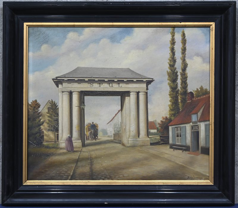 “De laatste poort van de stad Lier”. Olieverf op doek, gecraqueleerd. Gesigneerd en gedateerd Bernard Janssens, 1927.