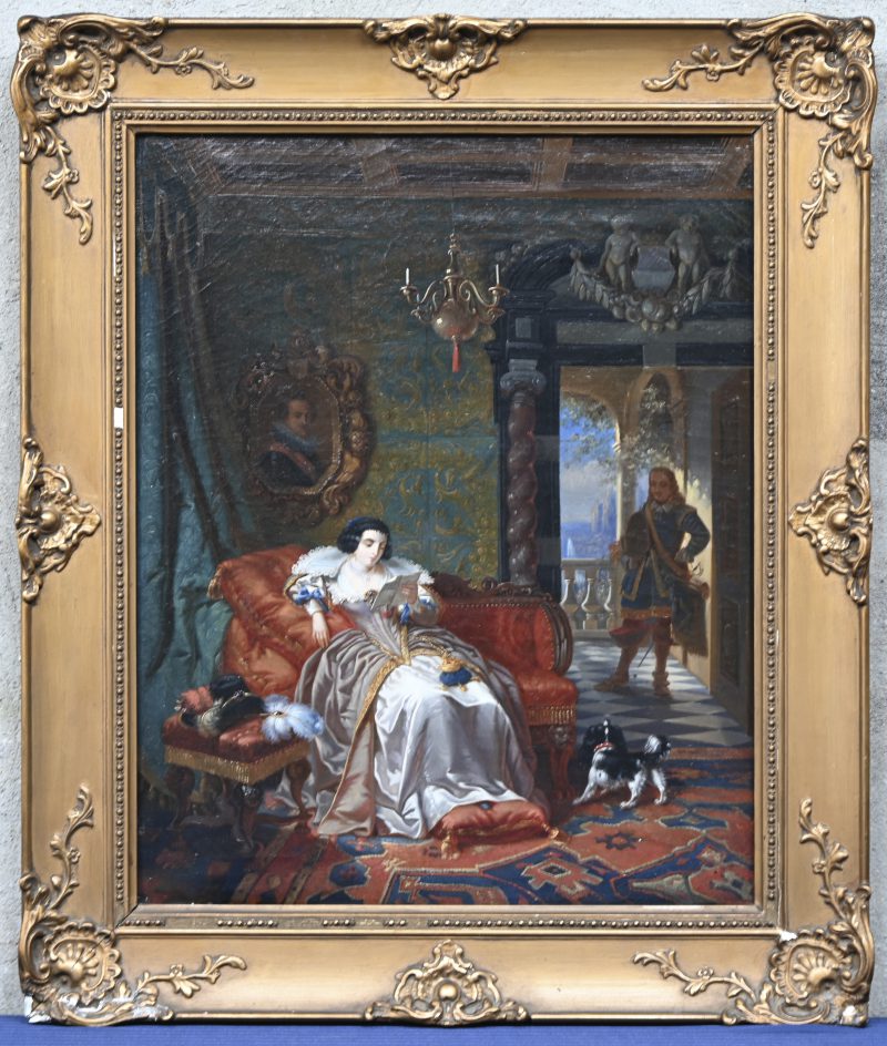 “Hofdame met brief, voyeur en hond”. Een schilderij, olieverf op doek. 19e eeuws. Vermoedelijk gerestaureerd.