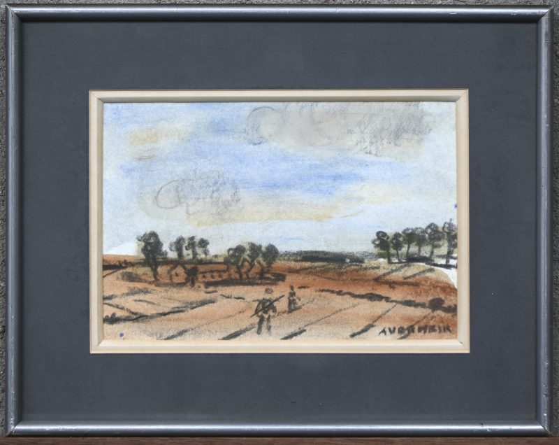 “Boeren op het veld”. Een tekening met pastel op papier. Onderaan gesigneerd.