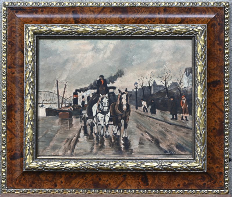 “Rotterdams havenzicht met Batavier Lijn”. Een schilderij, olieverf op paneel. Signatuur onleesbaar. Naar een werk van Johan Rockx.