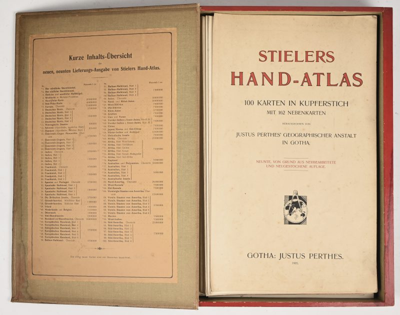 “Stielers Hand Atlas”. “Gotha: Justus Perthes”. Een atlas met 100 gravure kaarten en 162 nevenkaart. Duitse uitgave, compleet, 1905.