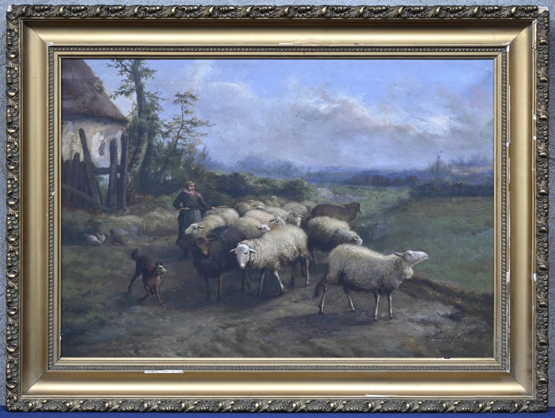 “Herderin met schapen aan de hoeve”. Olieverf op doek. Gesigneerd J. L. Van Leemputten.