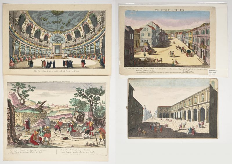 4 ingekleurde gravures, 18e eeuws, diverse ontwerpen, stad-en plattelandstaferelen.