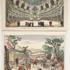 4 ingekleurde gravures, 18e eeuws, diverse ontwerpen, stad-en plattelandstaferelen.