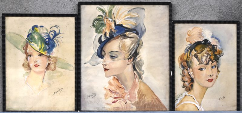 “Drie elegante portretten van jonge dames”. Aquarel op papier. Gesigneerd. Medio XXste eeuw.