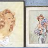 “VIer elegante portretten van jonge dames”. Aquarel op papier. Gesigneerd. Medio XXste eeuw.Twee niet ingelijst.