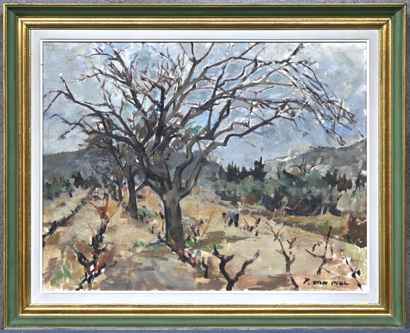 “Verger et vigne en mars”. Olieverf op paneel. Gedateerd 1965 en gesigneerd P. Van Mol.