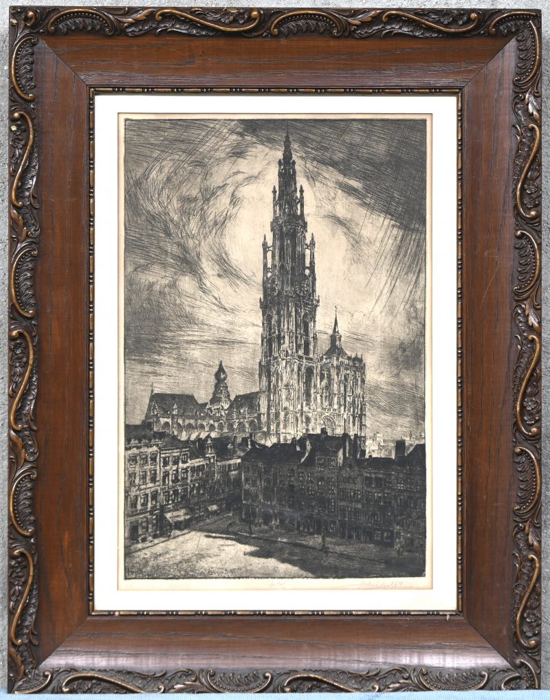 ‘Cathedrale d’Anvers’. Een ets op papier met zicht op de Onze Lieve Vrouwetoren, rechts onder gesigneerd.