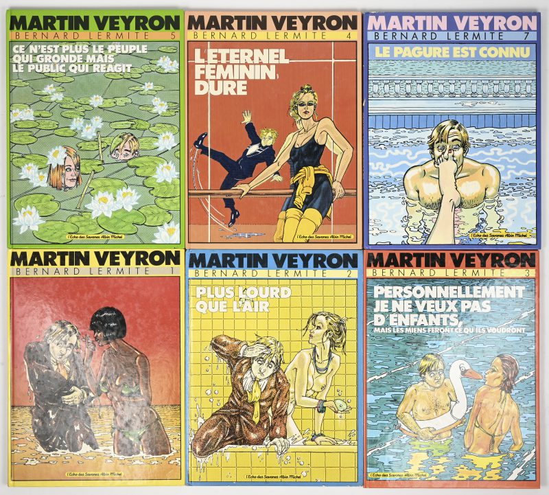 “Bernard Lermite”, een lot van 6 strips door Martin Veyron. Hardcover, FR, reeks 1-5 & 7.