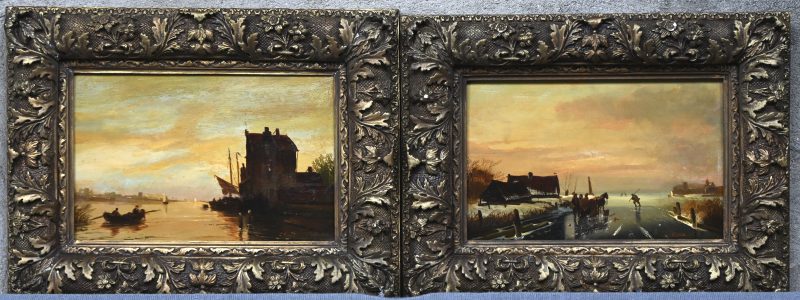 ‘Zomer en Winter te Middelburg’, een set van 2 schilderijen, olieverf op paneel, gesigneerd C. Kimmel.