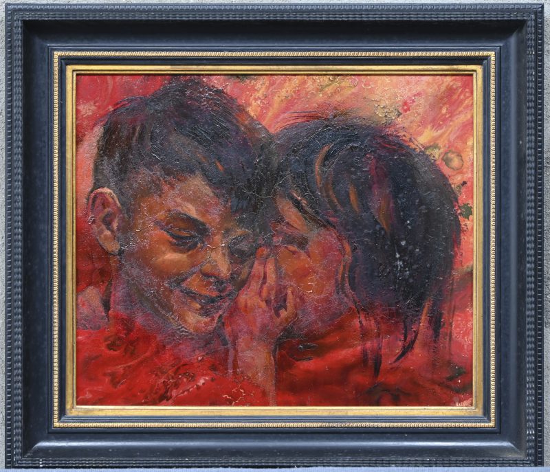 ‘Fluisterende jeugd’, een overwegend rood portret van twee kinderen, olieverf op paneel.
