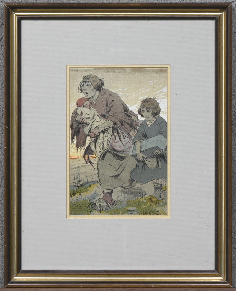 ‘Belgische vluchtelingen’, een lithografie van Alfred Ost, gedateerd 1.5.XVII.
